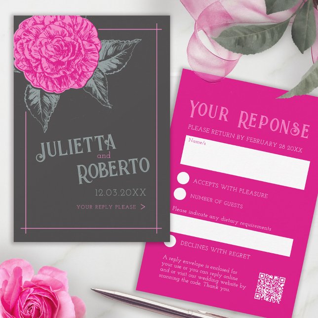 Inked camellia wedding pink gray brown  RSVP card (Creator Uploaded)