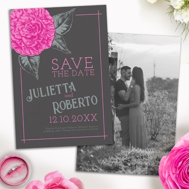 Inked camellia wedding pink gray brown save the date (Creator Uploaded)