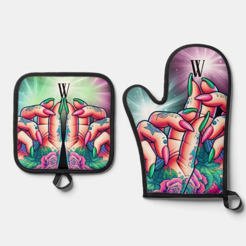 Inked Helping Hands Oven Mitt  Pot Holder Set