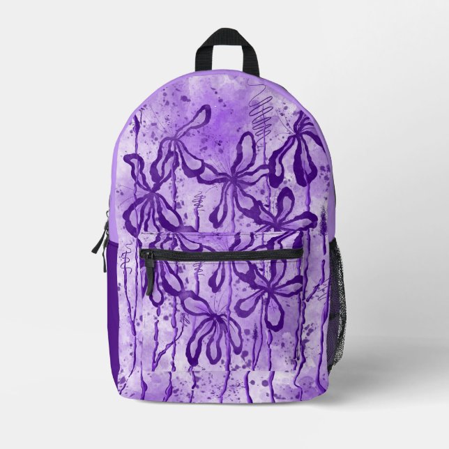 Inked Lilies Purple Printed Backpack (Front)