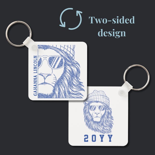 Inked Lion Mascot School Graduation Year  Keychain (Square Blue Lion keychain allows you to customize the school name and graduation year. )