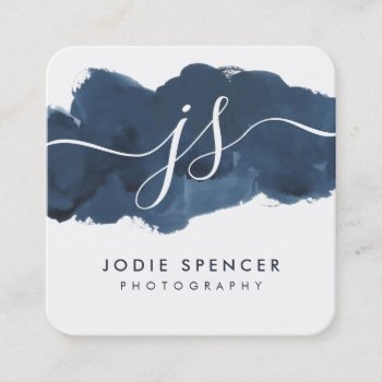 Inked Logo Elegant Initial Dark Blue Ink Square Business Card by edgeplus at Zazzle