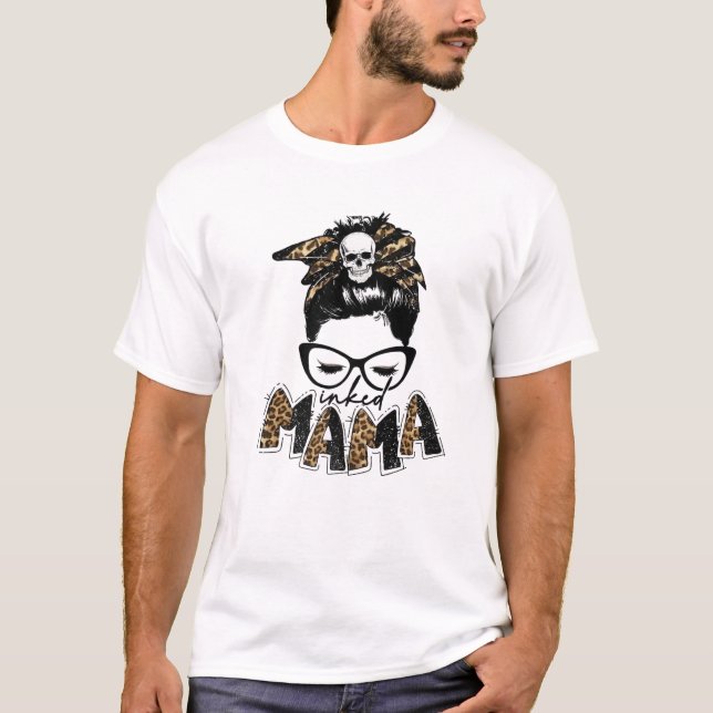 Inked Mama Messy Bun Bandana Leopard Tattoos Mom M T-Shirt (Front)