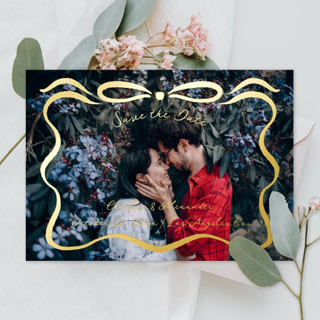 Inked Ribbons and Bow Photo Foil Invitation (Creator Uploaded)