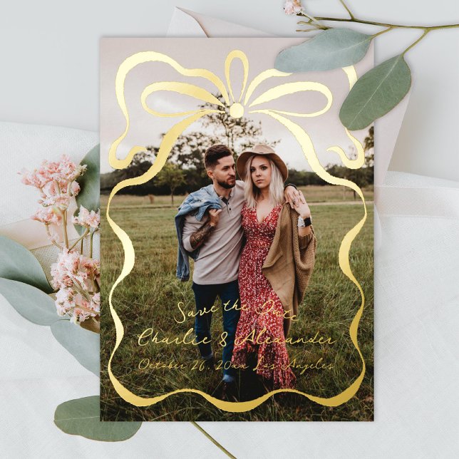 Inked Ribbons and Bow Photo Foil Invitation (Creator Uploaded)