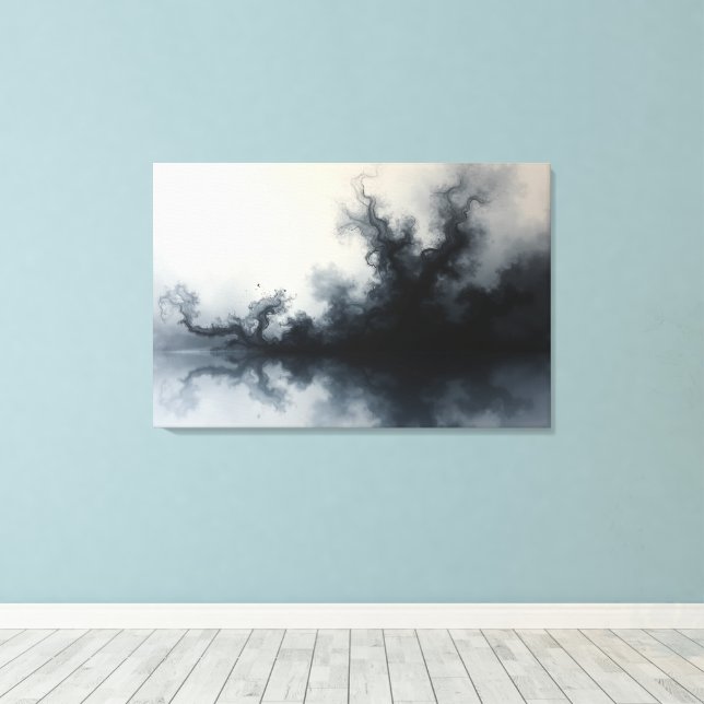 Inkstorm – Monochrome Abstract Fluid Art 36"x24" Canvas Print (Insitu(Wood Floor))