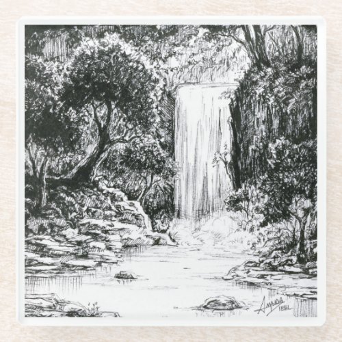 Inktober 2018 Day 21 _ Waterfall in the Woods Glass Coaster