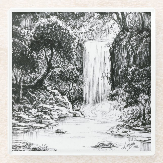 Inktober 2018 Day 21 - Waterfall in the Woods Glass Coaster (Front)
