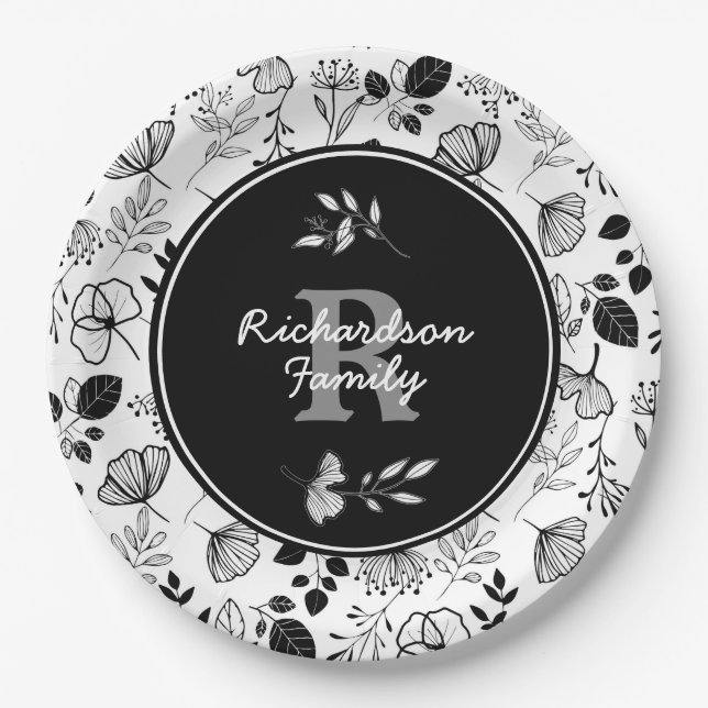 Inky black florals custom paper plates (Front)