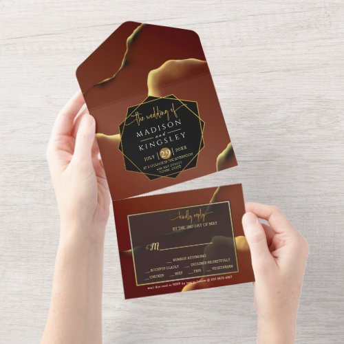 Inky Earthtone Red Abstract Amazing Fab Wedding All In One Invitation