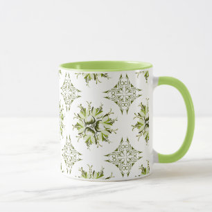 Inky Floral Coffee Mug Shades of Green and White