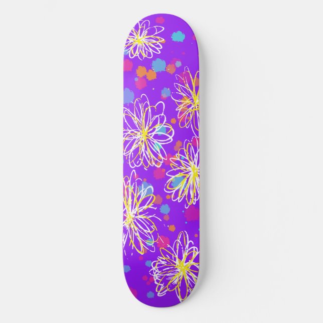 Inky Floral Design and Paint Splatters - purple Skateboard (Front)