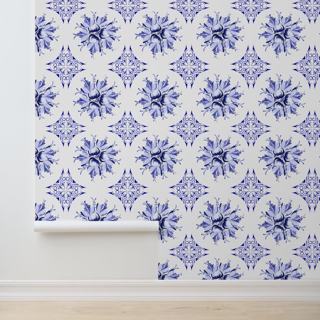 Inky Floral Wallpaper | Blue and White Wallpaper (Application)