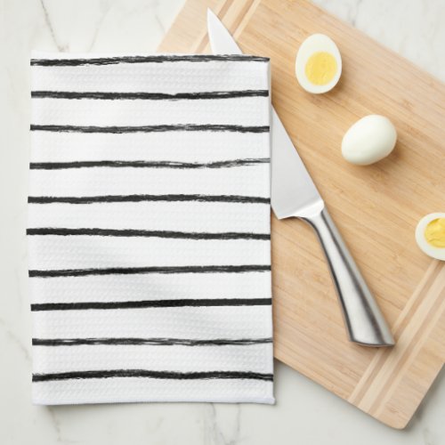 Inky Lines Chic Hand Drawn Stripes Black  White Kitchen Towel