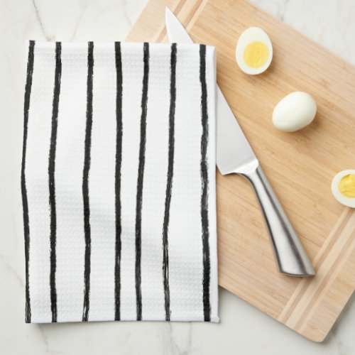 Inky Lines Chic Hand Drawn Stripes Black  White Kitchen Towel