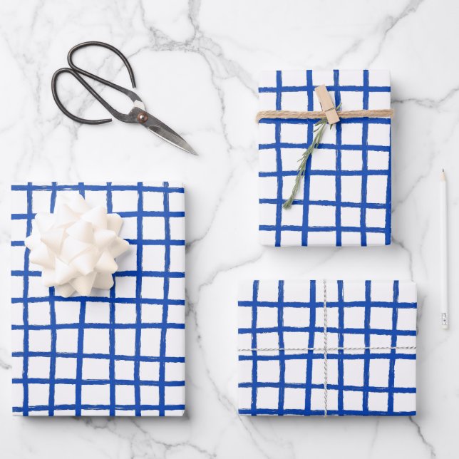 Inky Lines Grid Brushstrokes Simple Minimal Blue Wrapping Paper Sheets (Front)