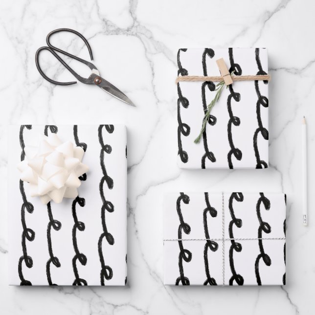 Inky Loop Brushstrokes Simple Minimal Black White  Wrapping Paper Sheets (Front)
