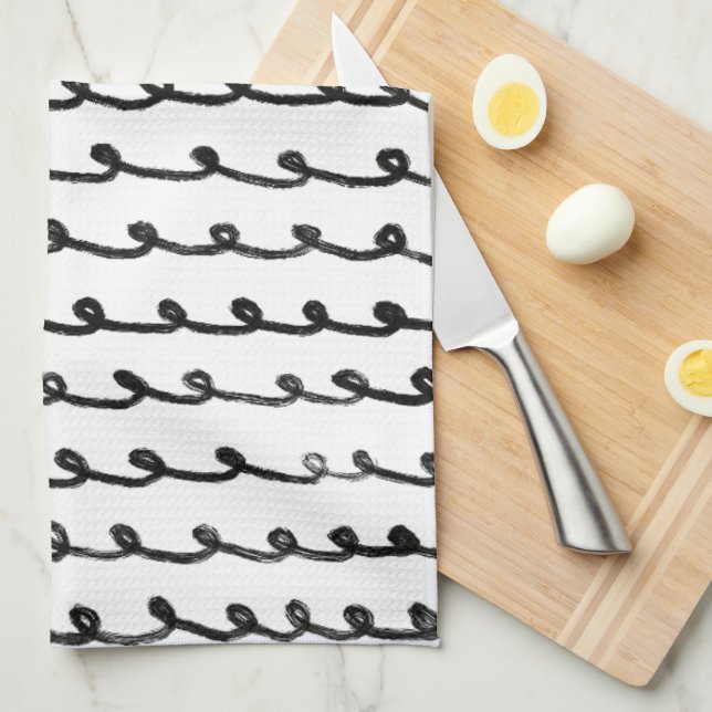 Inky Loops Chic Hand Drawn Lines Black & White Kitchen Towel (Quarter Fold)