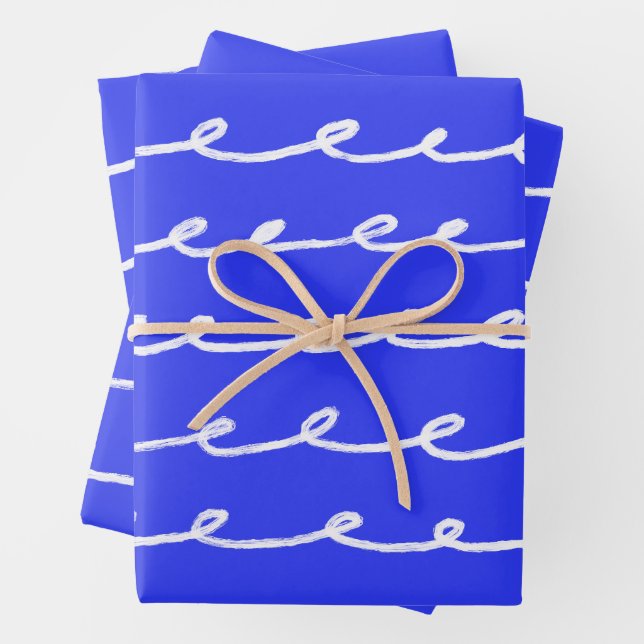 Inky Loops Chic Hand Drawn Lines Blue & White Wrapping Paper Sheets (In situ)