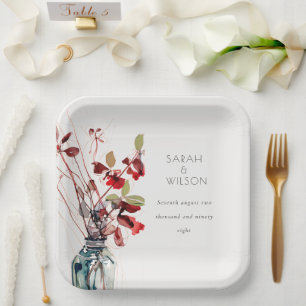 Inky Red Green Vintage Boho Florals Wedding Paper Plates