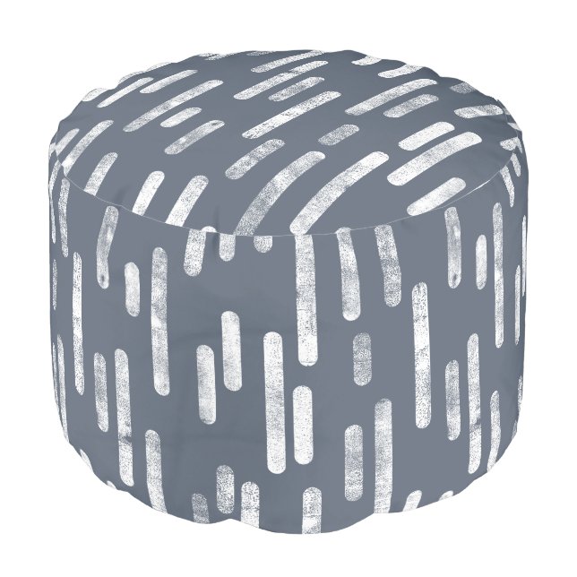 Inky Rounded Lines Pattern | White on Blue Gray Pouf (Angled Front)