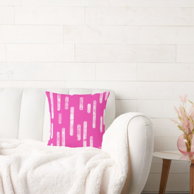 Inky Rounded Lines Pattern | White on Bright Pink Throw Pillow (Couch)