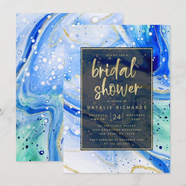 Inky Splash Blue Marble with Gold Bridal Shower Invitation (Front/Back)