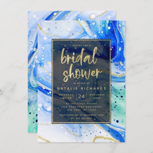 Inky Splash Blue Marble with Gold Bridal Shower Invitation