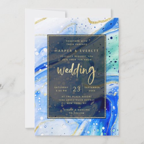 Inky Splash Blue Marble with Gold foil Wedding Invitation