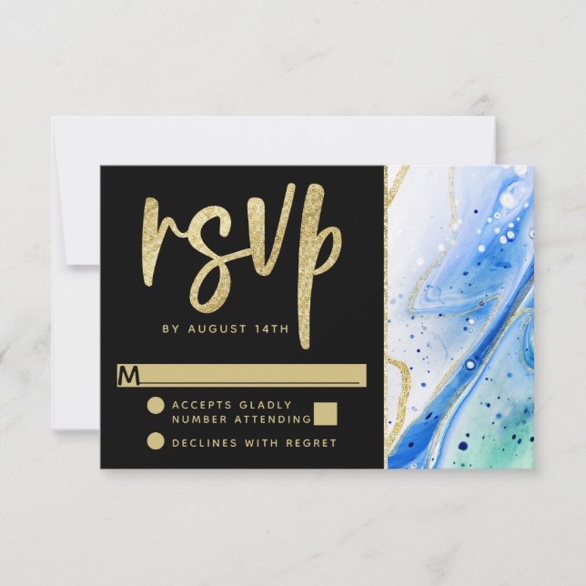 Inky Splash Blue Marble with Gold foil Wedding RSVP Card (Front)