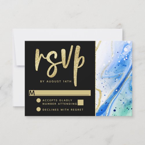 Inky Splash Blue Marble with Gold foil Wedding RSVP Card