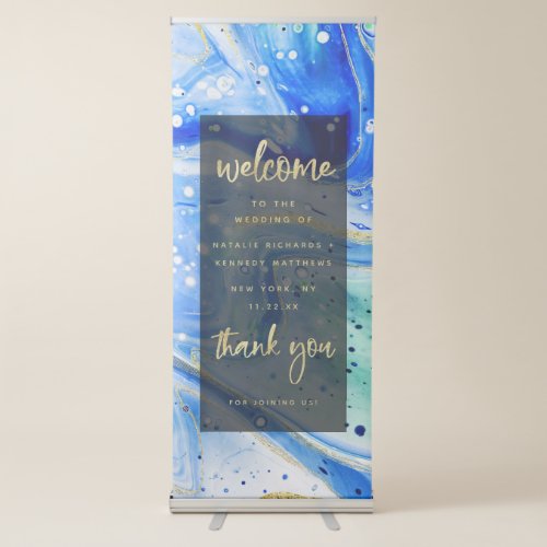 Inky Splash Blue Marble with Gold Wedding Welcome Retractable Banner