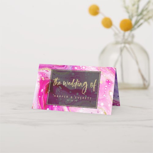 Inky Splash Pink Marble Gold Wedding Table Number Place Card