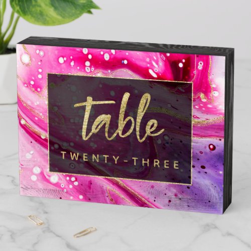 Inky Splash Pink Marble Gold Wedding Table Number Wooden Box Sign