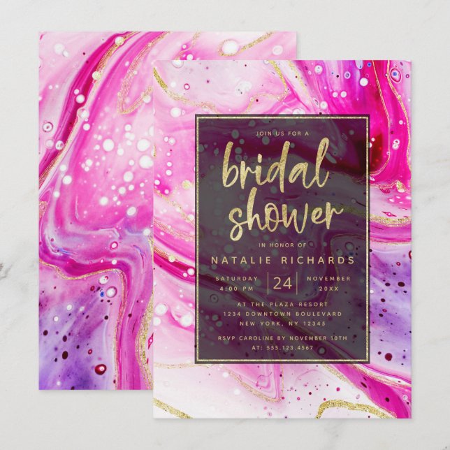 Inky Splash Pink Marble with Gold Bridal Shower Invitation (Front/Back)