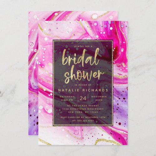Inky Splash Pink Marble with Gold Bridal Shower Invitation