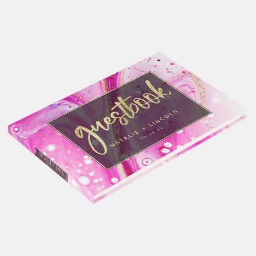 Inky Splash Pink Marble with Gold foil Wedding Guest Book