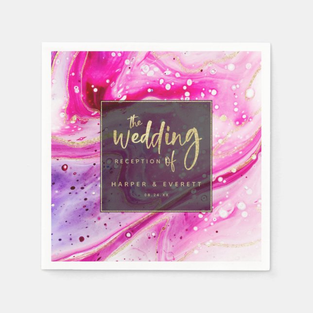 Inky Splash Pink Marble with Gold foil Wedding Napkins (Front)