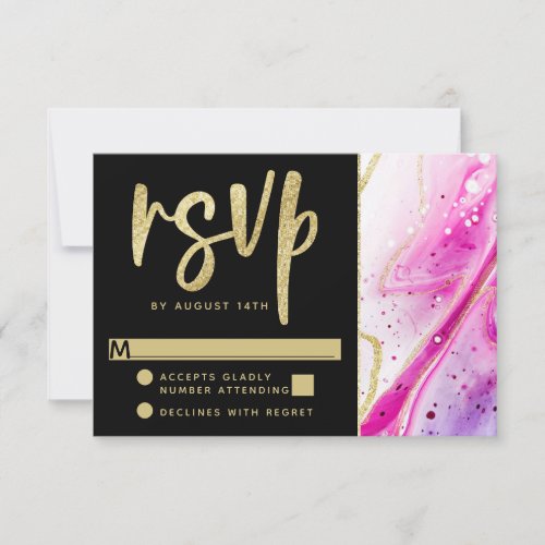 Inky Splash Pink Marble with Gold foil Wedding RSVP Card
