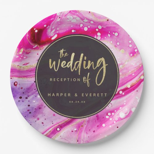 Inky Splash Pink Marble with Gold Luxe Wedding Paper Plates