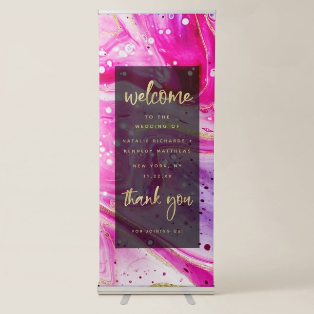 Inky Splash Pink Marble with Gold Wedding Welcome Retractable Banner (Front)