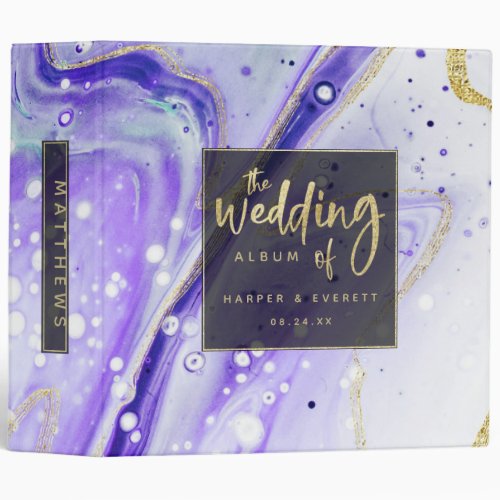 Inky Splash Purple Marble Gold Wedding Photo Album 3 Ring Binder