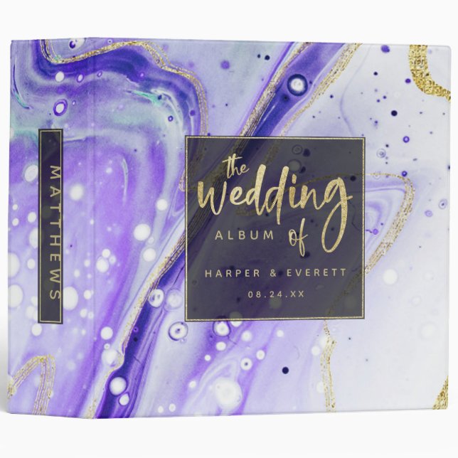 Inky Splash Purple Marble Gold Wedding Photo Album 3 Ring Binder (Front/Spine)
