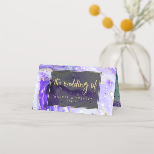 Inky Splash Purple Marble Wedding Table Number Place Card