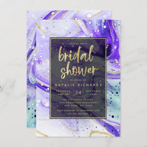 Inky Splash Purple Marble with Gold Bridal Shower Invitation