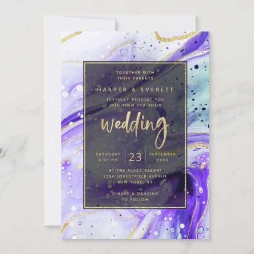 Inky Splash Purple Marble with Gold foil Wedding Invitation