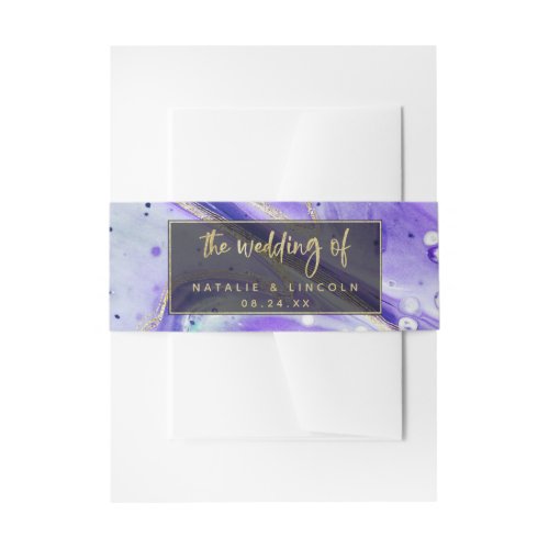 Inky Splash Purple Marble with Gold foil Wedding Invitation Belly Band