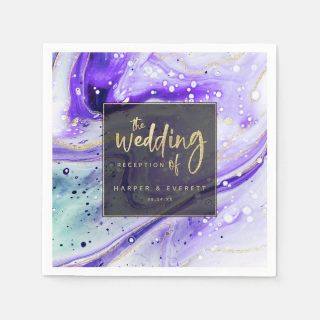 Inky Splash Purple Marble with Gold foil Wedding Napkins (Front)