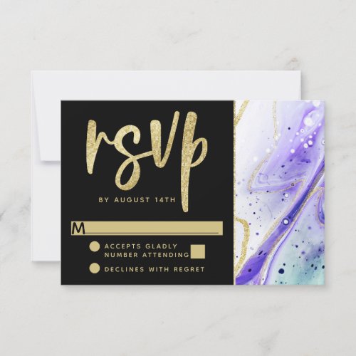 Inky Splash Purple Marble with Gold foil Wedding RSVP Card