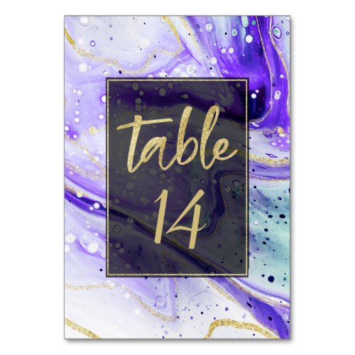 Inky Splash Purple Marble with Gold foil Wedding Table Number